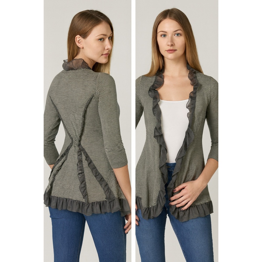 Guinevere Anthropologie Olive Green Striped‎ Ruffle Open Front Cardigan XS